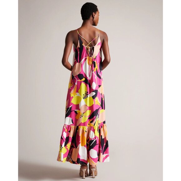 TED BAKER Maxi Dress Ikella Strappy Back Hater Floral Linen Pleated Resortwear 0 - Picture 14 of 16